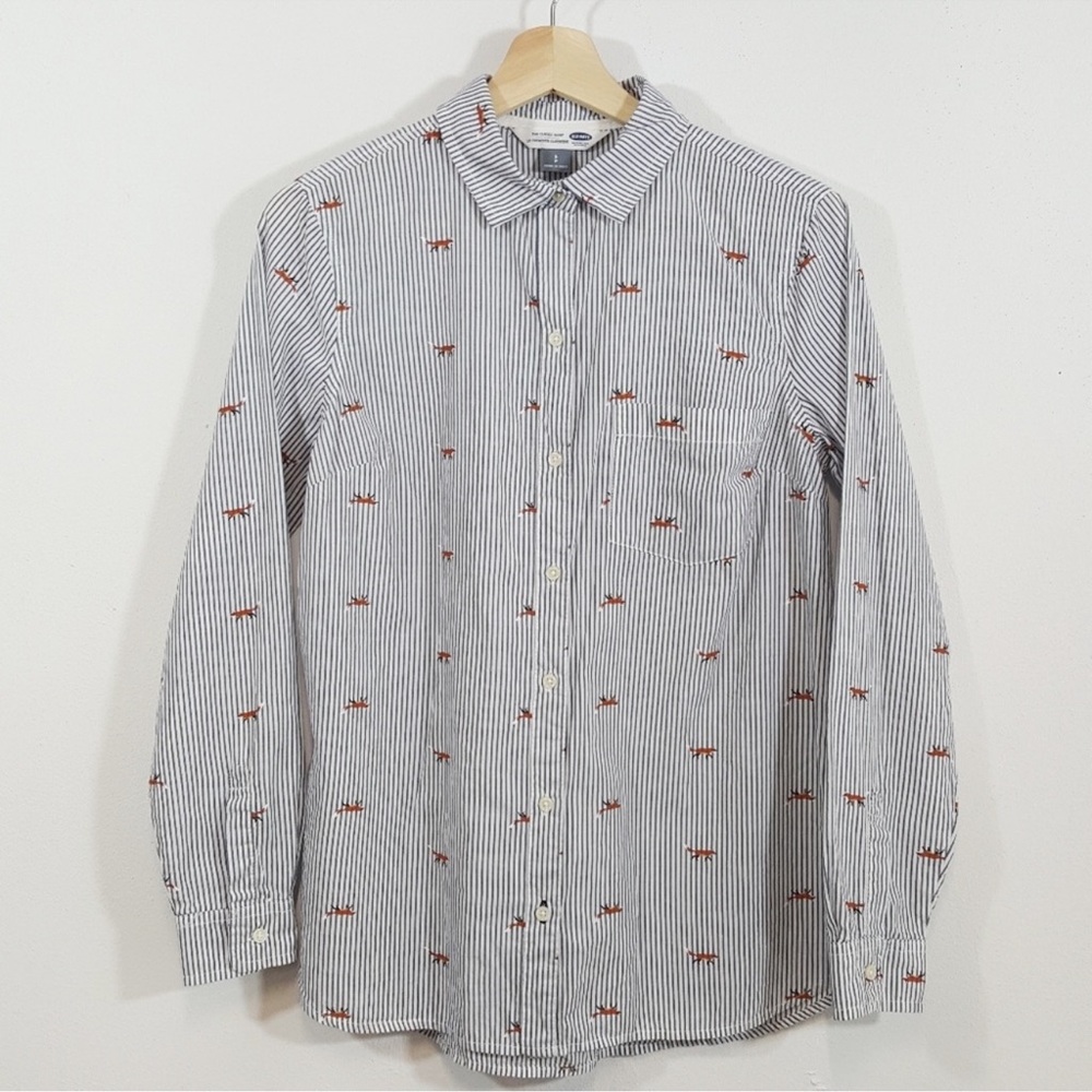Old Navy Women's Blue and White Striped Shirt with Fox Accents